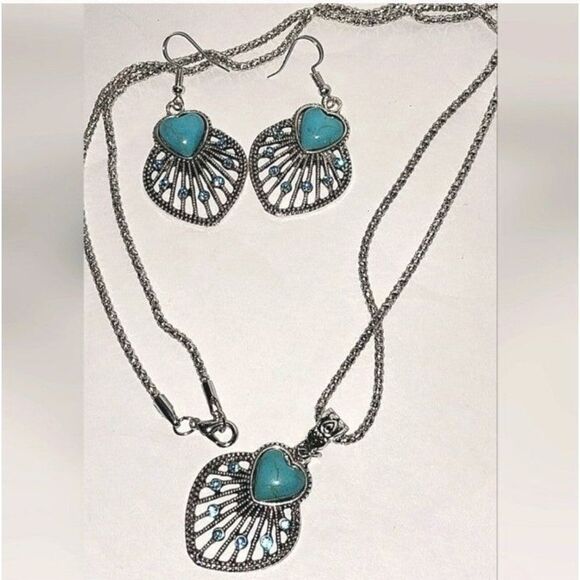 Vintage Ladies Boho Jewelry Set Hollow Leaf Shaped Inlay Heart Shape Stone - Picture 7 of 8